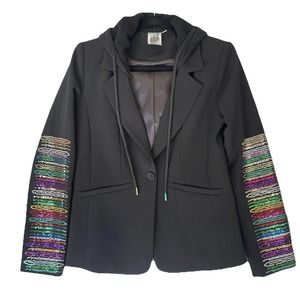 Queen Of Sparkles Hoodie Blazer Womens XS‎ Black Sequins Glam Mullet Party Work